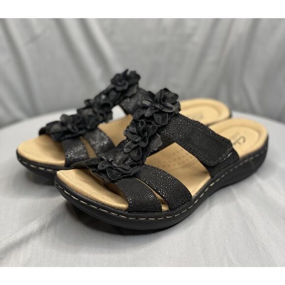 Clarks Laurieann Judi Leather Slide Sandals Floral Accent Women's 5.5 Black - Picture 1 of 5